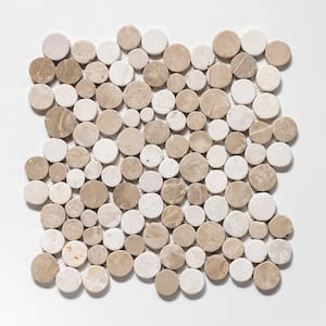 Stone Penny Rounds Tan and Off-White 11-1/2 in. x 11-1/2 in. Honed Marble Mesh-Mounted Mosaic Tile (10.12 sq.ft./Case)