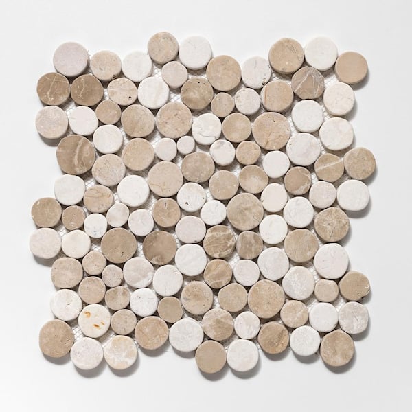 TILE CONNECTION Stone Penny Rounds Tan and Off-White 11-1/2 in. x 11-1/2 in. Honed Marble Mesh-Mounted Mosaic Tile (10.12 sq.ft./Case)
