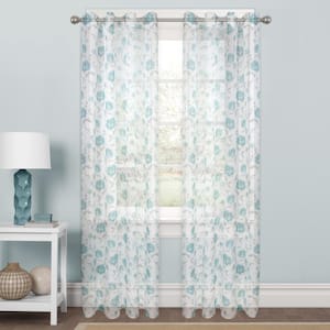 Aqua Floral Polyester 56 in. W x 84 in. L Rod Pocket Sheer Curtain Panel