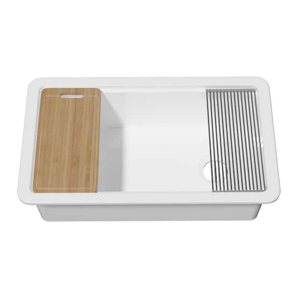 Vomlor Kitchen Sink 33 in. Dual Mount Drop-In/Undermount Single Bowl White Fireclay Workstation Kitchen Sink with Cutting Board