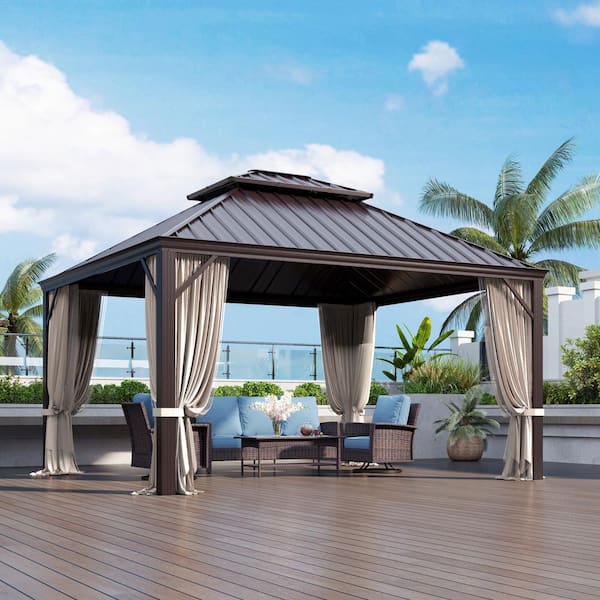 PHI VILLA 12 ft. x 14 ft. Gakvanized Steel Hardtop Gazebo With Mosquito Net and Privacy Curtain
