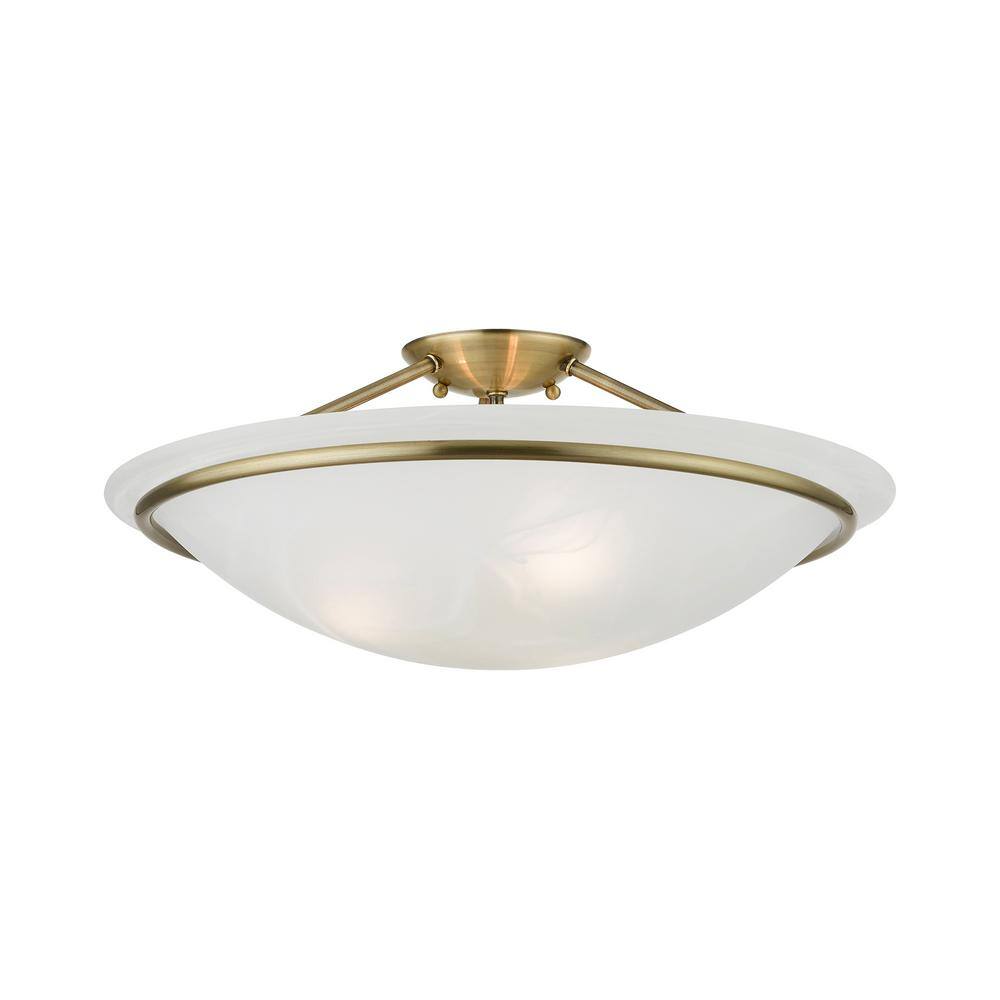 Antique Brass 3-Light Semi-Flush Mount with Alabaster Glass