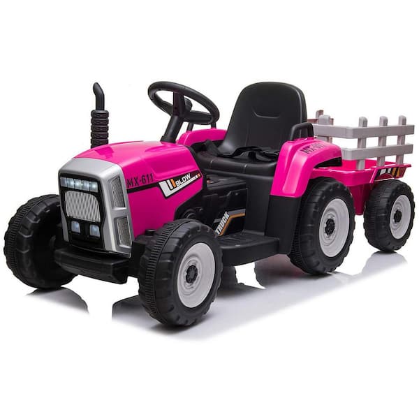 12V Ride on Tractor, Electric Vehicle Toy with Trailer and Remote Control, 3-Gearshift, Pink