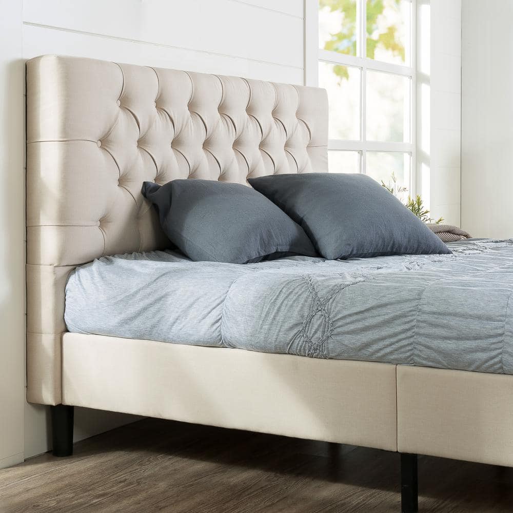Taupe King Upholstered Platform Bed with Tufted Headboard