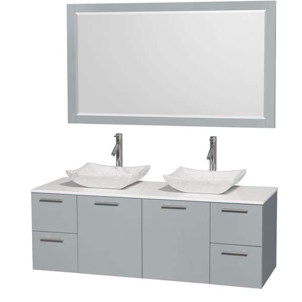 Wyndham Collection Amare 60 in. W x 22.25 in. D Vanity in Dove Gray with Solid-Surface Vanity Top in White with White Basins and Mirror