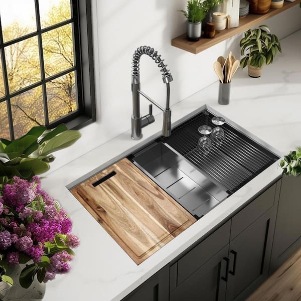 33 in. Undermount Double Bowl 18 Gauge Gunmetal Black Stainless Steel Workstation Kitchen Sink with Spring Neck Faucet