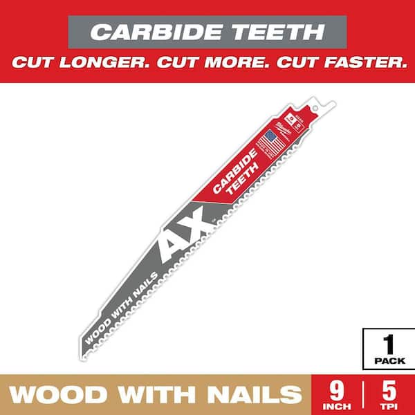 Milwaukee 9 in. 5 TPI AX Carbide Teeth Demolition Nail-Embedded Wood Cutting SAWZALL Reciprocating Saw Blade (1-Pack)