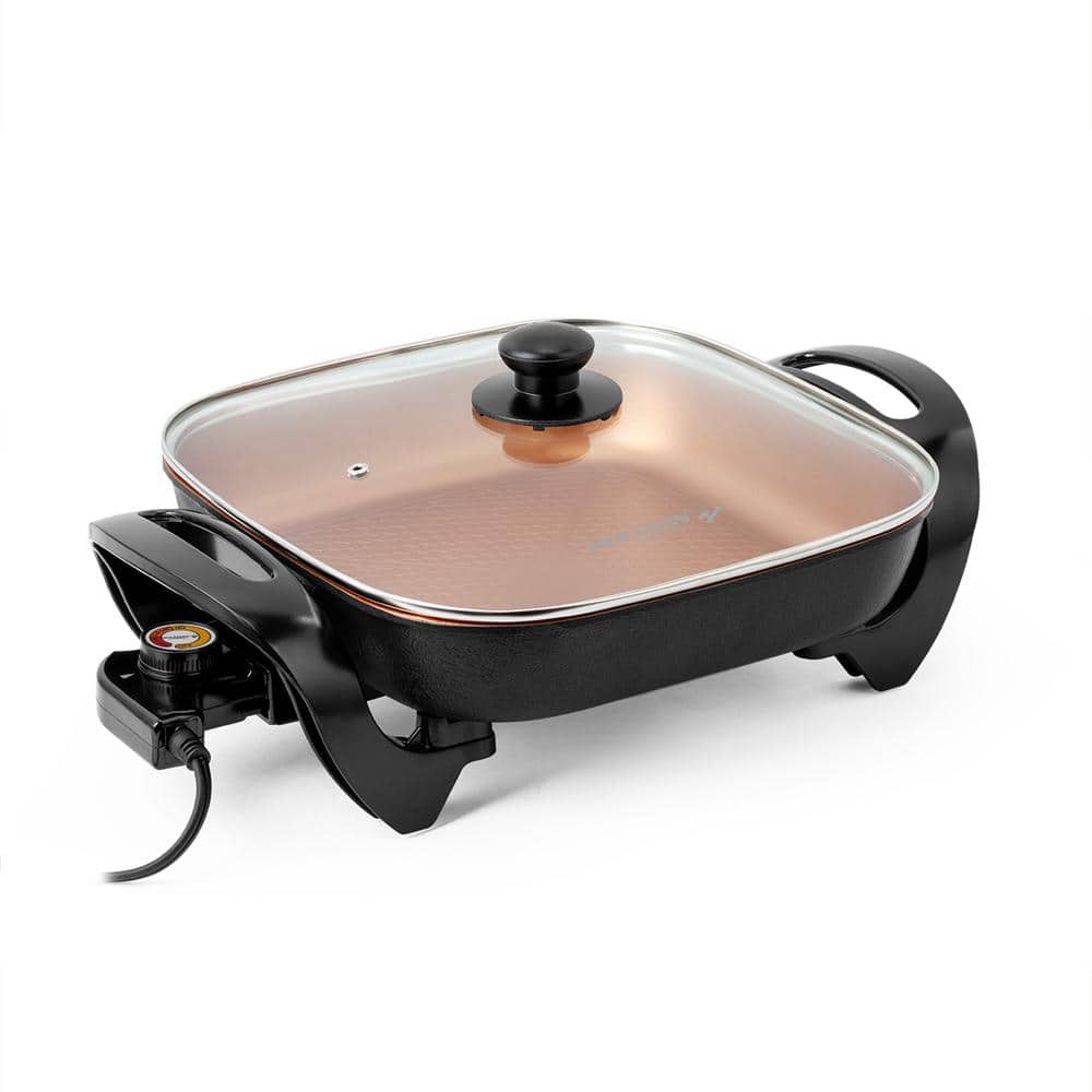 HOLSTEIN HOUSEWARES 144 in. Copper Electric Skillet with Glass Lid and