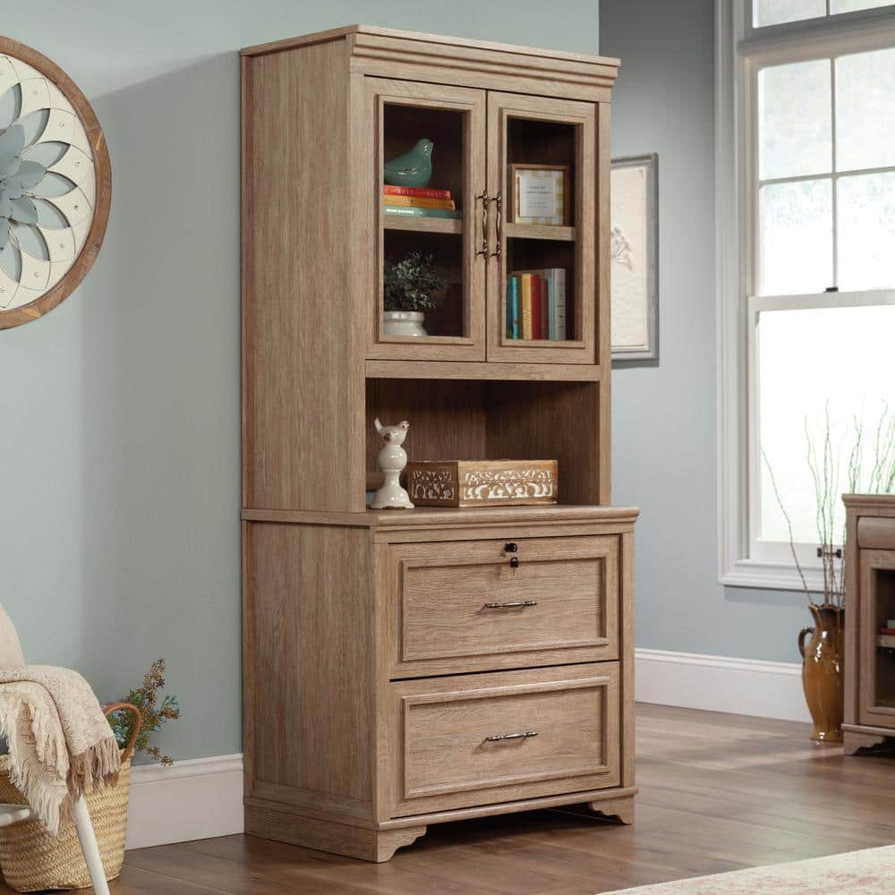 Brushed Oak Glass Door China Cabinet with Adjustable Shelf