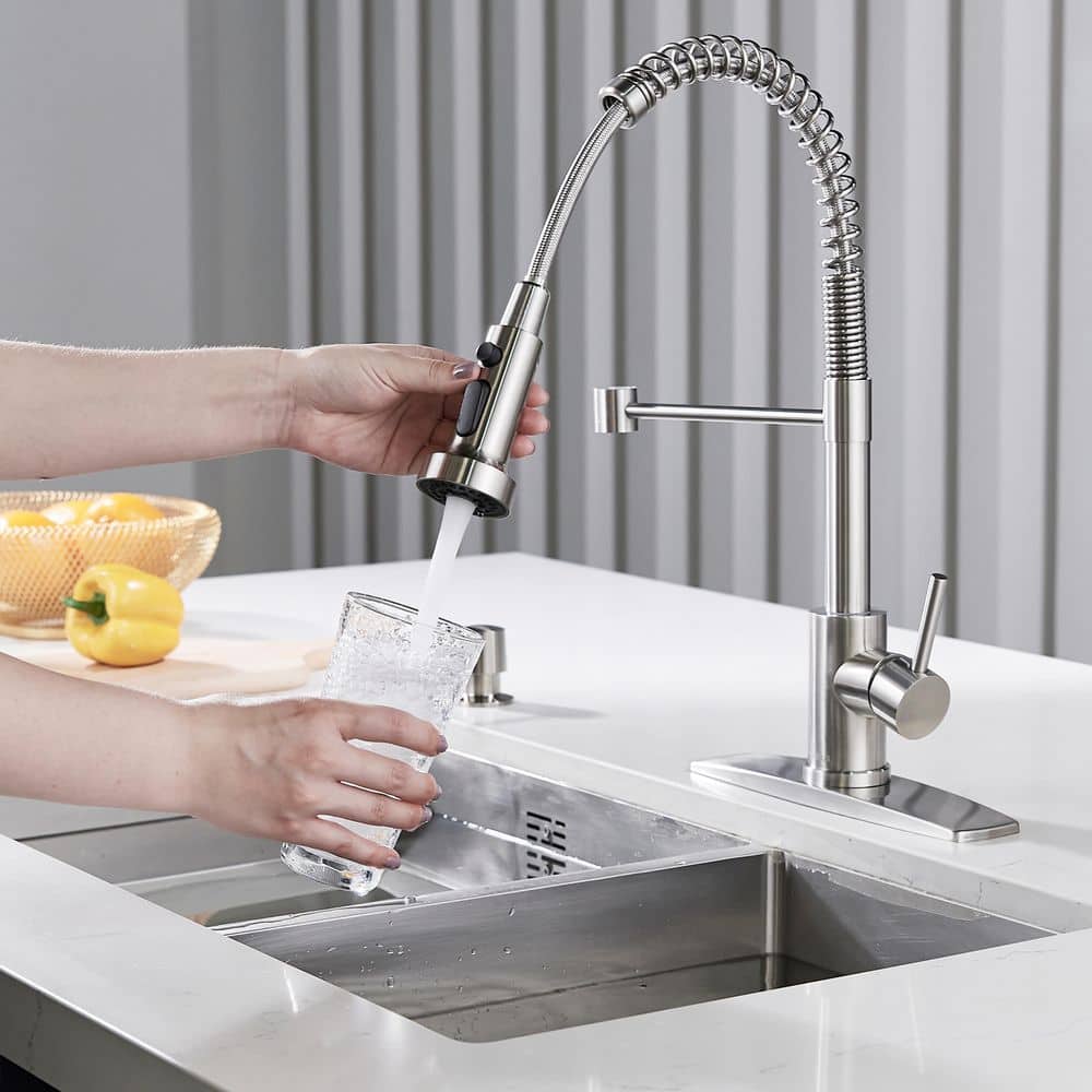 Brushed Nickel Single Handle Spring Kitchen Faucet with Pull Down Sprayer