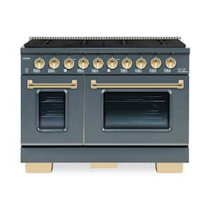 BOLD 48 in. 6.7 CF 8-Burner Freestanding Double Oven Range NG Gas Stove and Gas Oven, GR RAL 7031 with Brass Trim