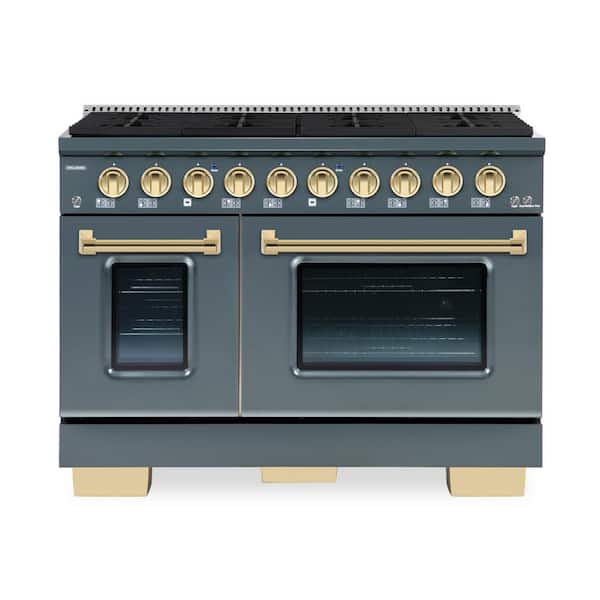 Hallman BOLD 48 in. 6.7 CF 8-Burner Freestanding Double Oven Range NG Gas Stove and Gas Oven, GR RAL 7031 with Brass Trim