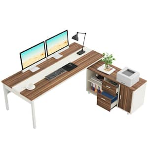 Halseey 71 in. L-Shaped White Light Walnut Wood 2-Drawer Executive Computer Desk File Cabinet Storage Shelves Door