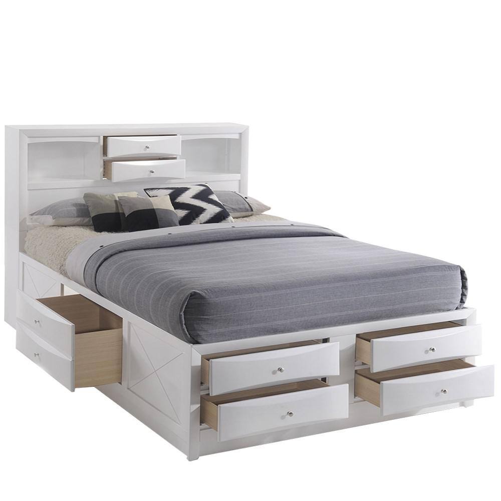 Elegant Full-Size White Wood Frame Storage Bed with Bookcase Headboard