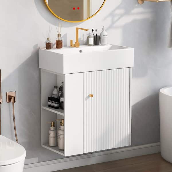 Unbranded 21.6in.W x 12.2in.D x 26.4 in. H Left Side Storage Single Sink Floating White Bath Vanity, with White Ceramic Top Basin