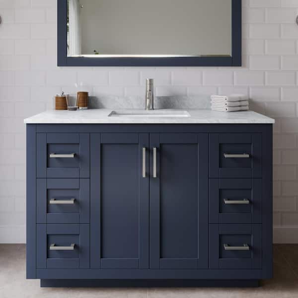 Wyndham Collection Miranda 48 in. W Single Bath Vanity in Dark Blue with Marble Vanity Top in White Carrara with White Basin