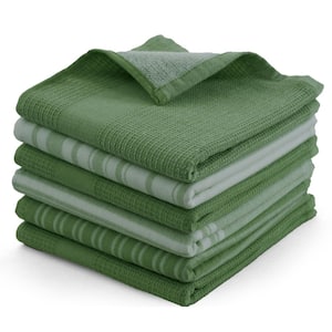 LDC 6 Piece Kitchen Towels Set Striped Pattern 16 x 26 Soft, and Durable 100% Cotton for Cleaning, Drying (Green)