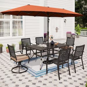 Black 8-Piece Metal Patio Outdoor Dining Set with Red Orange Umbrella and Swivel Chairs with Beige Cushions