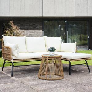 Brown 3-Piece Wicker Outdoor L Shape Sectional Sofa Set with Beige Cushion and Round Tempered Glass Table