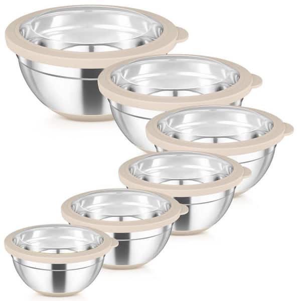 6-Piece Stainless Steel Khaki Mixing Bowl Set with Airtight Visible Lids Non-Slip Silicone Base Nesting Kitchen