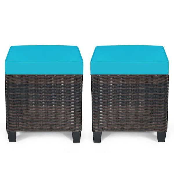 Gtnali Mix Brown Frame Wicker Outdoor Ottomans with Turquoise Cushions (2-Pack)