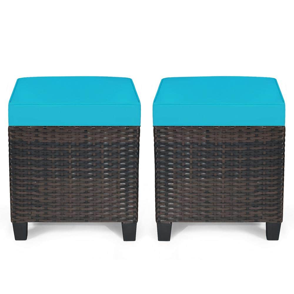 Mix Brown Frame Wicker Outdoor Ottomans with Turquoise Cushions (2-Pack)