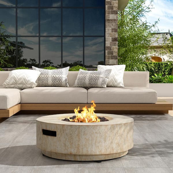 CHRISTOPHER KNIGHT HOME Archer 30 in. 40000 BTU Patio Mgo Lightweight Concrete Propane Outdoor Fire Pit Table with Lid Travertine Beige