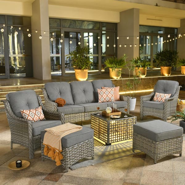 OVIOS Palffy Gray 6-Piece Wicker Patio Conversation Seating Set with Dark Gray Cushions and Coffee Table