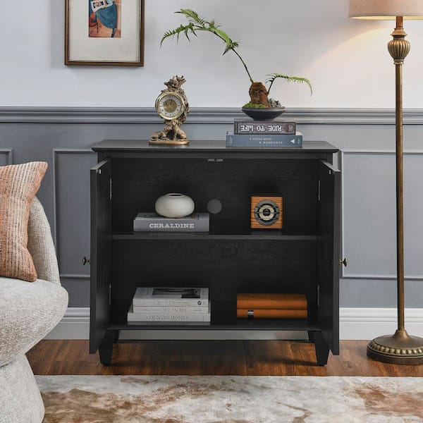 Linford Retro 33.58 in. W Black Wood Buffet Sideboard Cabinet with Symmetrical Geometric, 2-Door and Adjustable Shelf