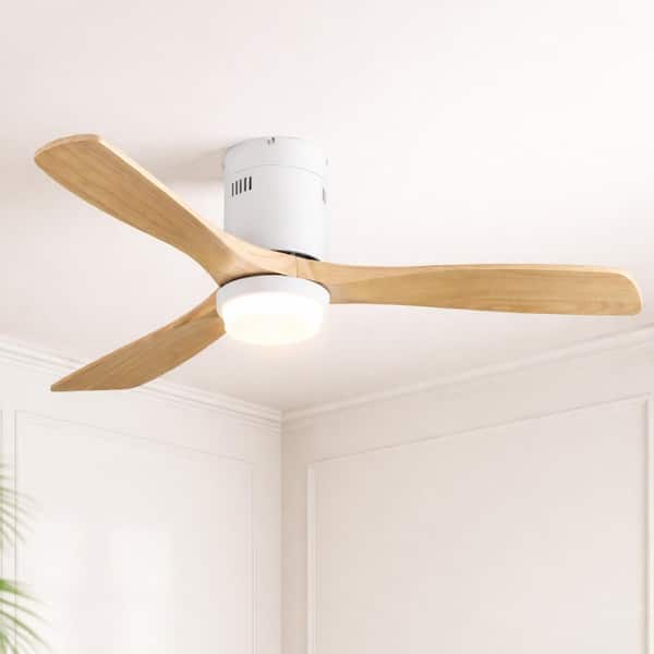 52 in. Integrated LED Indoor Flush Mount Oak Standard Ceiling Fan with Dimmable Light and Remote DC Motor