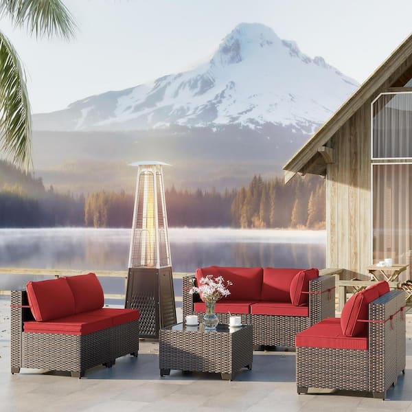 Halmuz 8-Piece Wicker Patio Conversation Set with 55,000 BTU Glass Tube Propane Pyramid Heater, Red Cushion