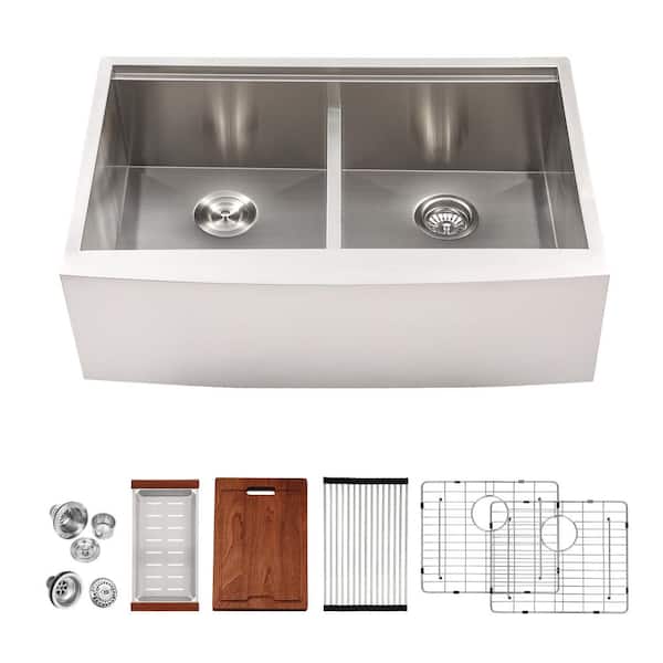Lordear 33 in. Farmhouse/Apron-Front Double Bowl 16 Guage Stainless Steel Workstation Kitchen Sink with Low Divider, Stainless Steel Brushed