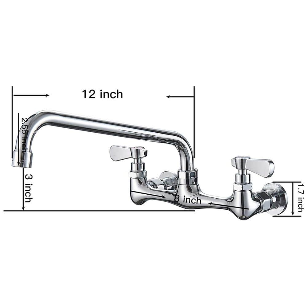 Polished Chrome Double Handle Wall Mount Kitchen Faucet with 12 Inch Swivel Spout