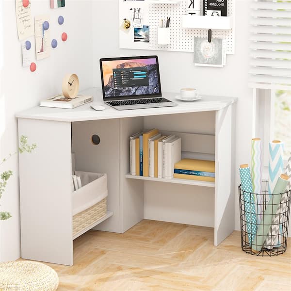48 in. Corner White Computer Desk Triangle Writing Workstation with Storage Shelf