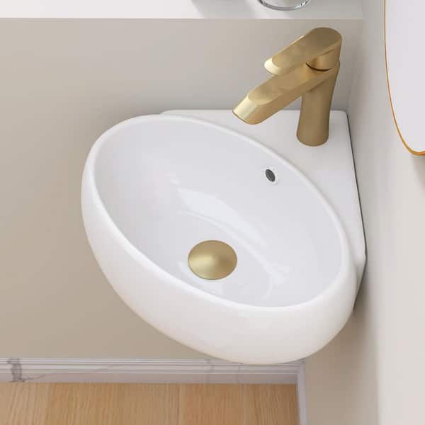 14.13 in Corner Wall-Mounted Oval Bathroom Sink in White Ceramic Wall Hung Floating Vessel Sink With Overflow