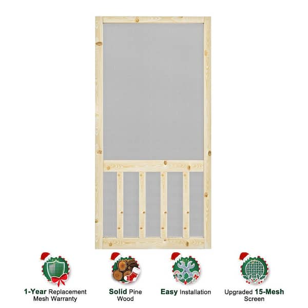 36 in. x 80 in. Universal Unfinished Pine Wood Vertical Slat Screen Door-Classic 5-Bar Style Gauze Mesh Hinged Door