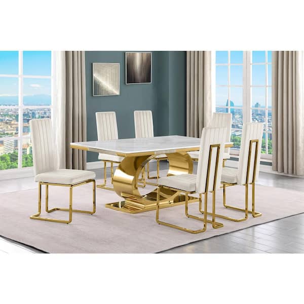 Best Quality Furniture Ibraim 7-Piece Rectangle White Marble Top Gold Stainless Steel Base Dining Set with 6 Cream Velvet Chrome Iron Chair