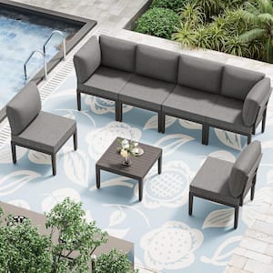 6-Seat Black Metal Patio Conversation Set with Gray Cushions, Coffee Table