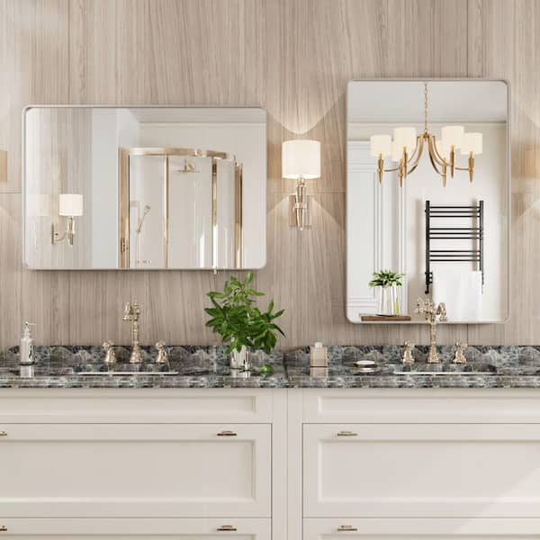 Silver 24 in W x 36 in. H Farmhouse Wall-Mounted Rectangle Metal Framed Mirror with Rounded Corner