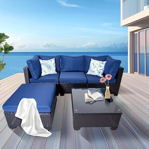 Black Brown 5-Piece Wicker Outdoor Patio Conversation with Blue Cushions and Coffee Table