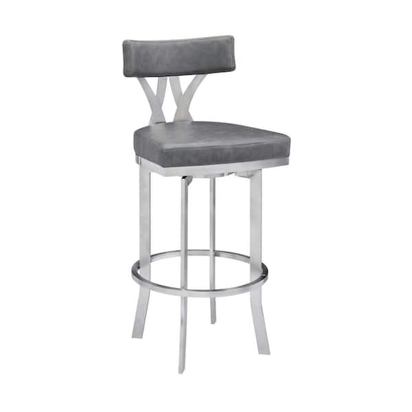 Armen Living Natalie Contemporary 30 in. Bar Height Bar Stool in Brushed Stainless Steel and Vintage Grey Faux Leather