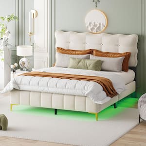 Beige Wood Frame Queen Size Velvet Platform Bed with Tufted Button Headboard, Metal Legs and LED