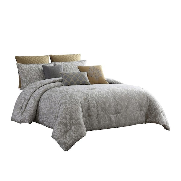 Benjara 8-Piece Gray and Gold Medallion Polyester Queen Comforter Set