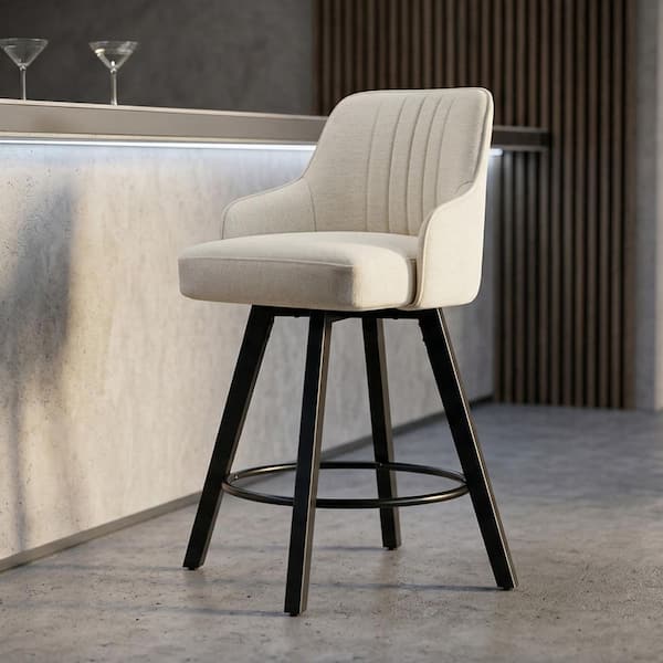 33.5 in. H White Full Back Wood Bar Stool with Cotton Linen Seat Set of 1