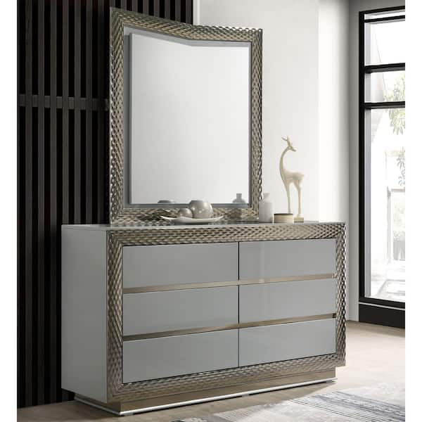 Furniture of America Dulce Gray 6-Drawer 61 in. Dresser with Mirror and Silver Molding