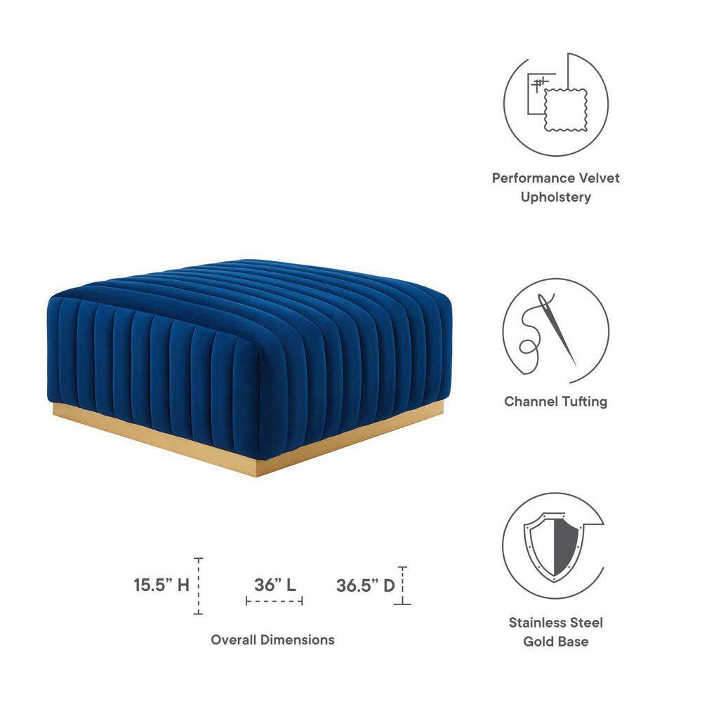 Elegant Gold Navy Velvet Tufted Ottoman with Brushed Gold Base