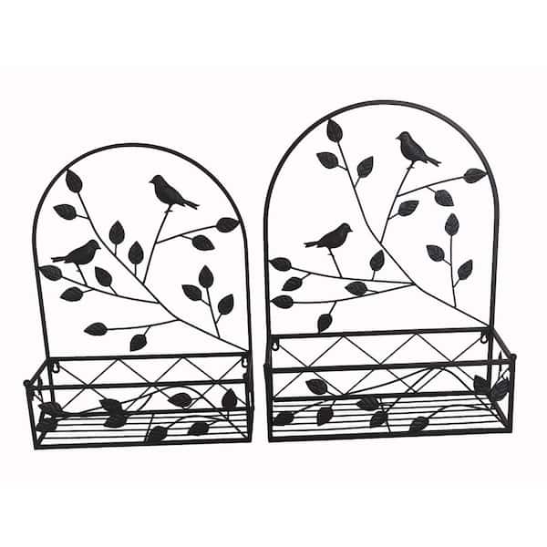 Black Metal Hanging Plant Holder 2-Piece Set Outdoor Wall Decor