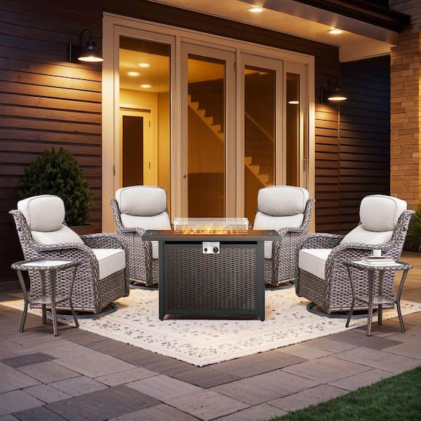 Holion 7-Piece Outdoor Conversation Set with Fire Pit Table, Patio Furniture Sets 4 Glider Chairs with Beige Cushions
