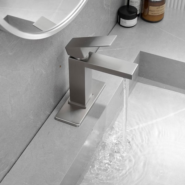 Single Handle Single Hole Bathroom Sink Faucet with Deckplate and Pop-up Drain in Brushed Nickel