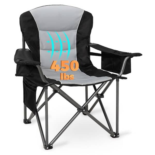 Oversized Camping Folding Chair, Heavy Duty 450  lbs. with Lumbar Support, Padded Seat (Black/Grey)